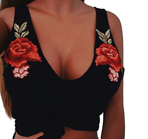 CHIDY Women Bodycon Blouse V-Neck Appliques Rose Sleeveless Tanks & Camis Embroidery Tops