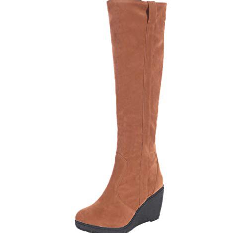 HULKAY Thickened Plus Velvet Matte Wedge Fur Shoes for Women Fashion Slip-On Wedges High Heeled Platform Snow Boots(Brown,US:6.5/CN:38)