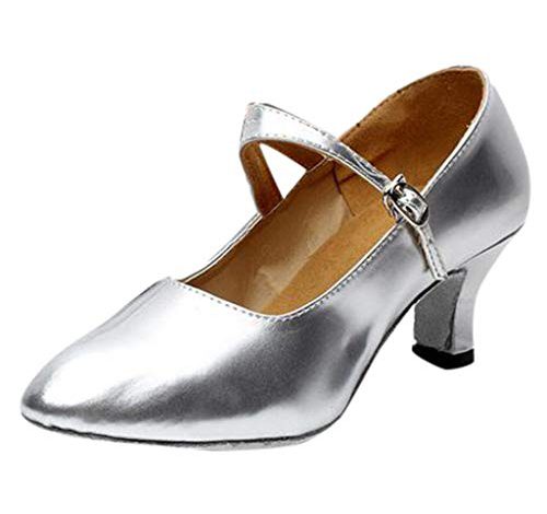 HULKAY Women’s Adult Latin Dance Shoes,Toe Closed Indoor Tango Rumba Ballroom Dancing Party Glossy Shoes(Silver,US:5/CN:35)